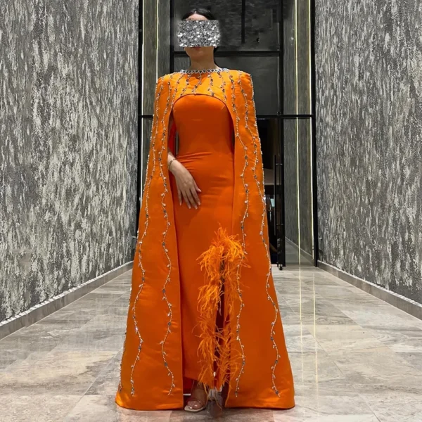Orange Prom Dresses: Dark Orange Gown with Feathers, Stones, Cape