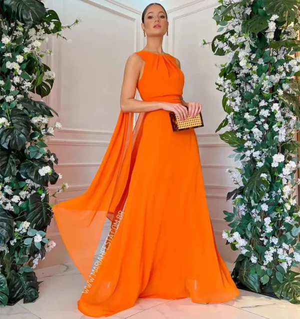 Orange Prom Dresses: Sleeveless Chiffon Wedding Guest Evening Gown