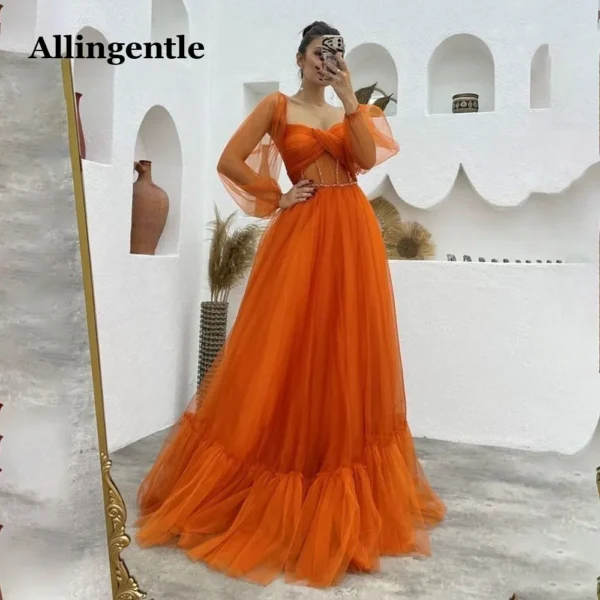 Orange prom dresses with tulle, puffy sleeves, and A-line design