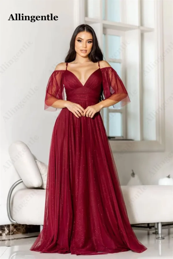 Elegant orange prom dresses, tulle, deep V-neck, spaghetti straps - Image 2