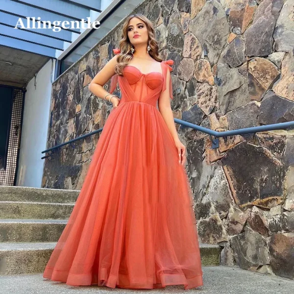 Orange prom dresses with bow straps, corset, sweetheart neckline, A-line