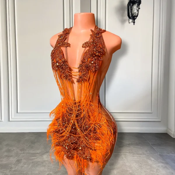 Orange prom dresses with sparkly crystals, feathers, and sexy see-through design - Image 2