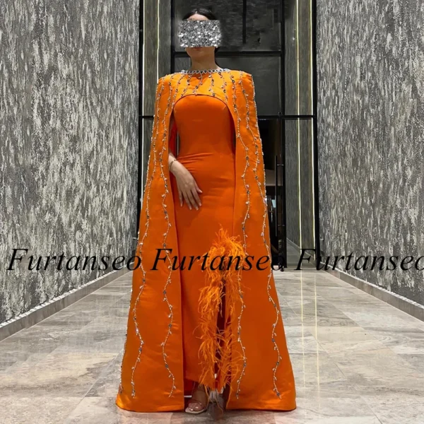Orange Prom Dresses: Dark Orange Gown with Feathers, Stones, Cape - Image 2