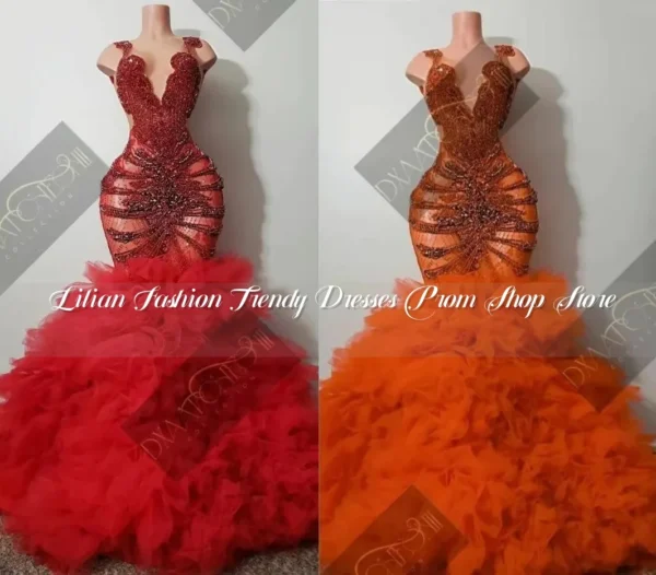 Orange prom dresses with sparkly diamonds, African mermaid evening gown