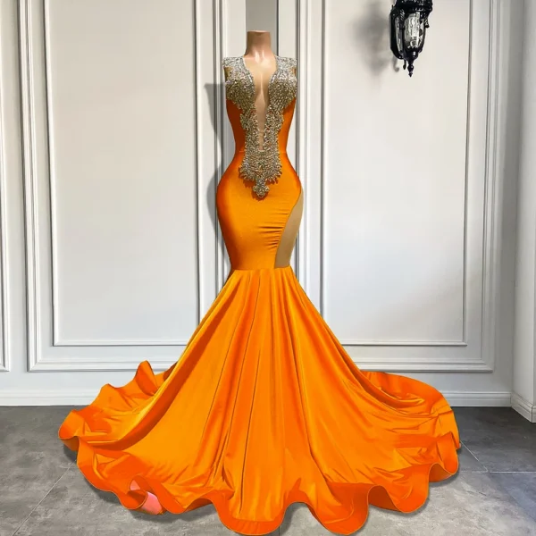 Orange prom dresses, sexy mermaid style with silver diamonds