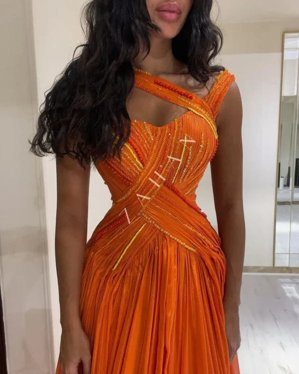 Orange Prom Dresses: Off-Shoulder Tulle Long Gown with Side Slit