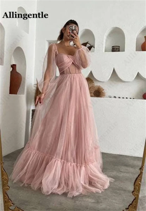 Orange prom dresses with tulle, puffy sleeves, and A-line design - Image 2