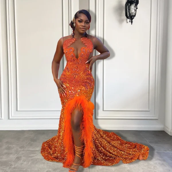 Sexy Side Slit Orange Prom Dresses with Sequin, Diamond, Feather Details