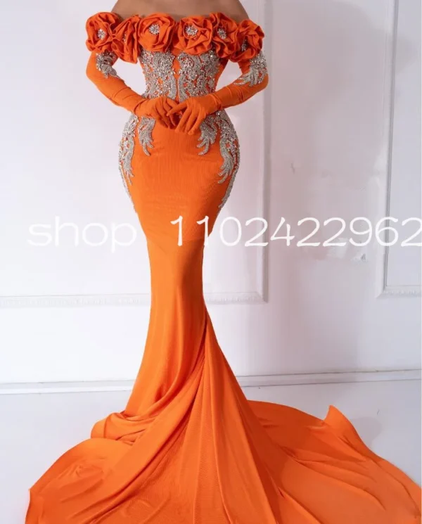 Sparkly orange prom dresses with mermaid design and crystal appliques