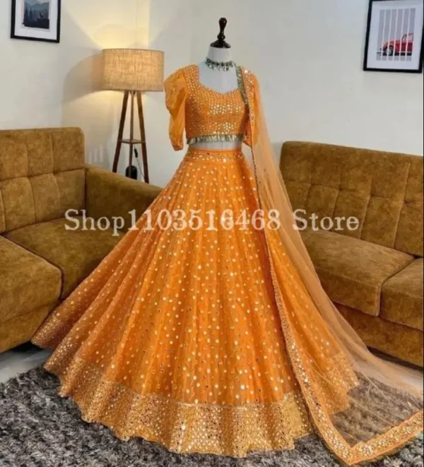 Exquisite orange prom dresses with crystal applique, custom Sabyasachi lehengas