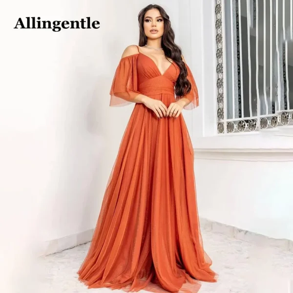 Elegant orange prom dresses, tulle, deep V-neck, spaghetti straps