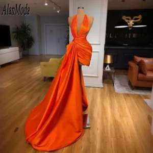 Elegant Orange Satin Halter Pleated Party Dress With Train Gown