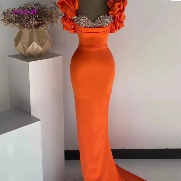 Orange Prom Dresses Satin Mermaid Crystal Beaded Long Evening Gown