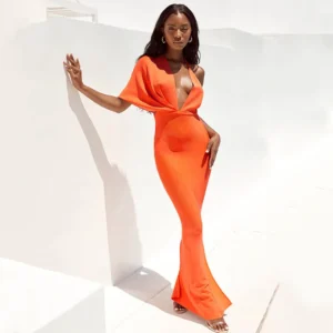 Orange One-Shoulder Backless Maxi Dress For Women Evening Party