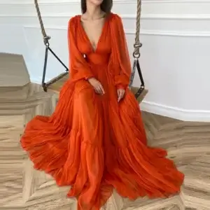 Orange Prom Dress Deep V-Neck Lantern Sleeve Chiffon A-Line Draped Evening Gown