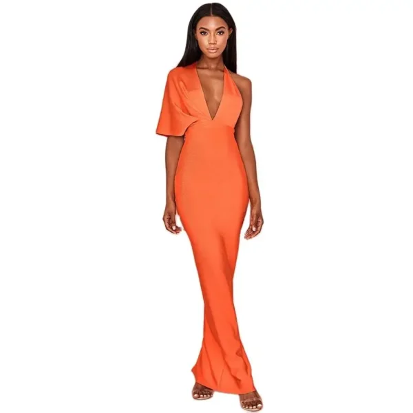 Orange One-Shoulder Backless Maxi Dress For Women Evening Party - Image 3