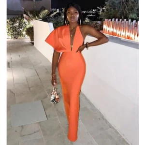 Luxury Sexy Orange V Neck Short Sleeve Maxi Bandage Evening Dress