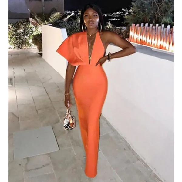 Luxury Sexy Orange V Neck Short Sleeve Maxi Bandage Evening Dress