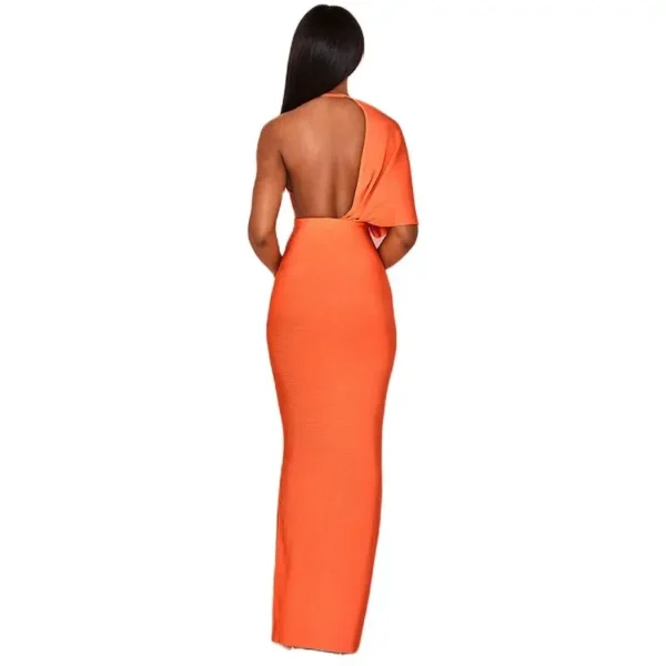 Orange One-Shoulder Backless Maxi Dress For Women Evening Party - Image 4