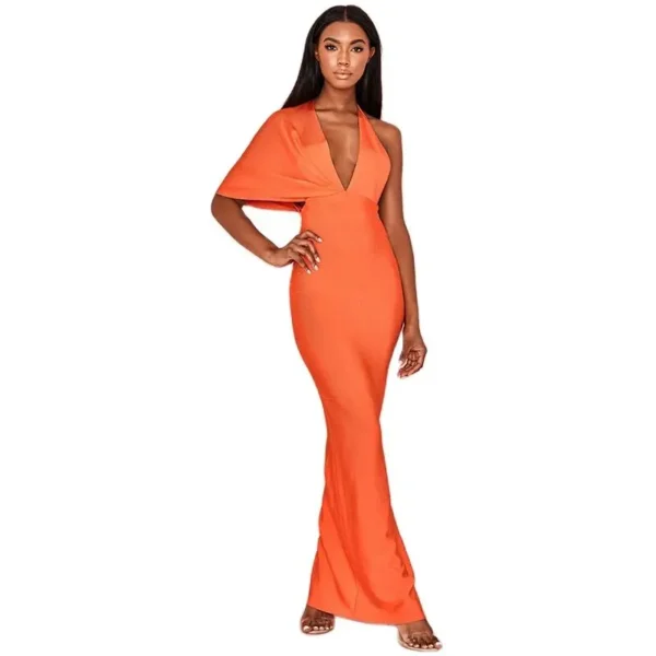 Orange One-Shoulder Backless Maxi Dress For Women Evening Party - Image 5