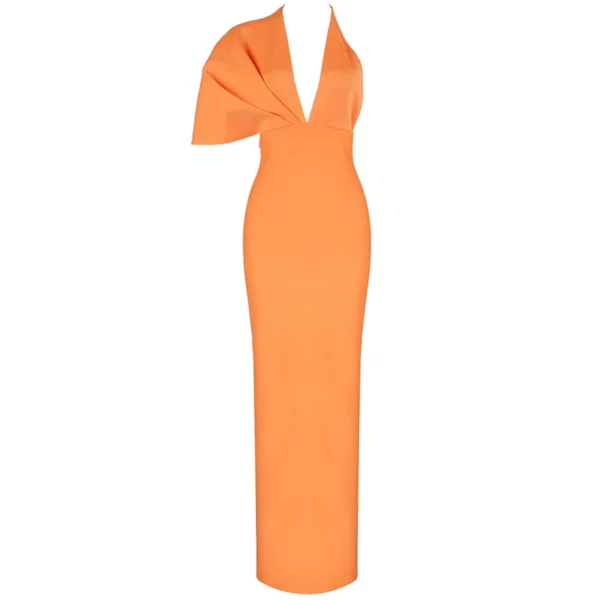 Luxury Sexy Orange V Neck Short Sleeve Maxi Bandage Evening Dress - Image 5