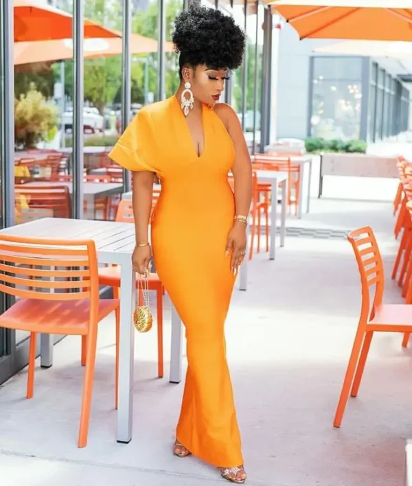Luxury Sexy Orange V Neck Short Sleeve Maxi Bandage Evening Dress - Image 3