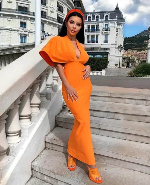 Luxury Sexy Orange V Neck Short Sleeve Maxi Bandage Evening Dress - Image 2