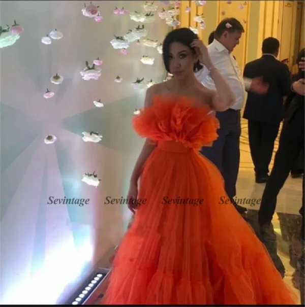 Sevintage Orange Ruffle Tulle Strapless Tiered Plus Size Prom Dress - Image 2