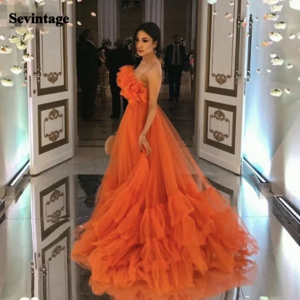 Sevintage Orange Ruffle Tulle Strapless Tiered Plus Size Prom Dress