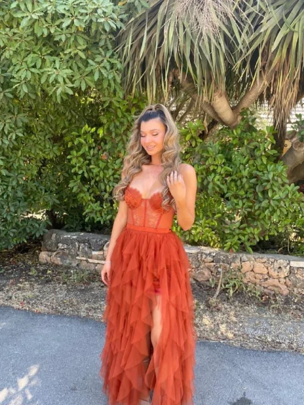 Orange Prom Dresses Tulle Lace Tiered Skirt Slit Evening Gown - Image 2