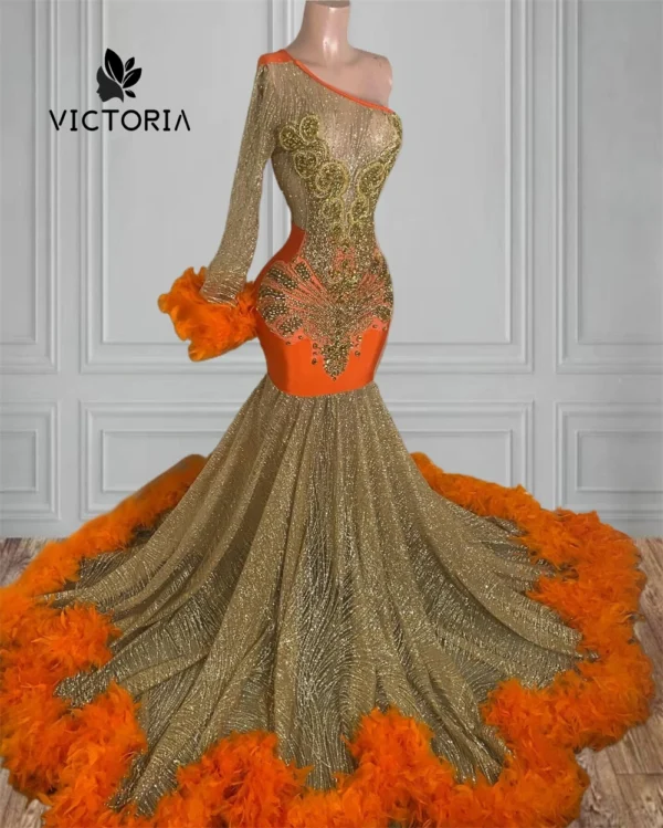 Orange Prom Dresses One Shoulder Beaded Rhinestone Feather Train Gown