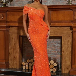 Missord Orange Sequin One Shoulder Mermaid Party Dress Prom Gown