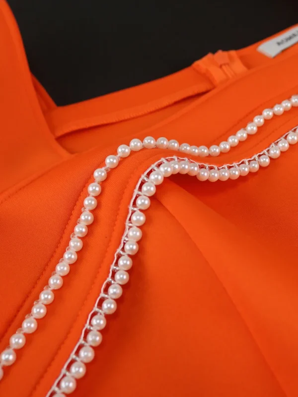 Orange Pearl Chain Petal Dress Slim Fit High Slit Elegant Evening Gown - Image 4