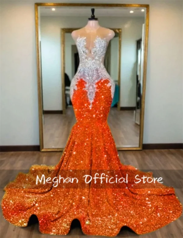 Orange Bead Crystal Prom Dress Sequin Appliques Formal Gown Women