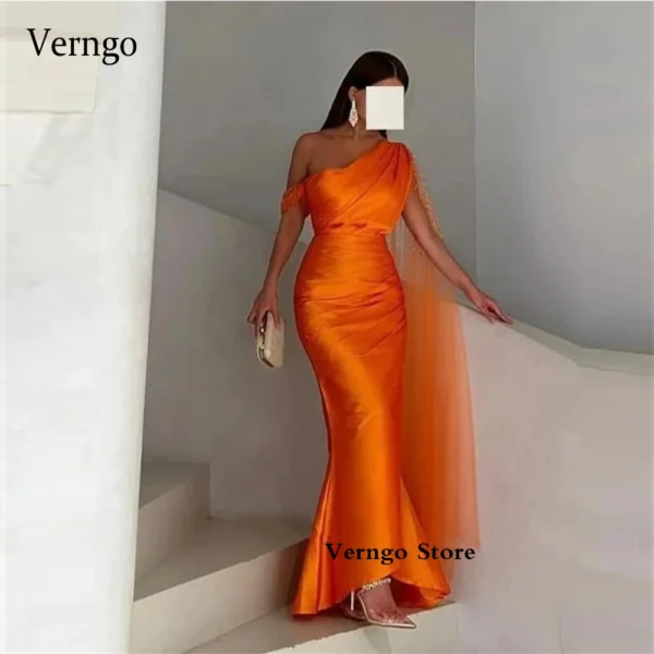 Orange prom dresses: Satin mermaid gown with sequin tulle cape