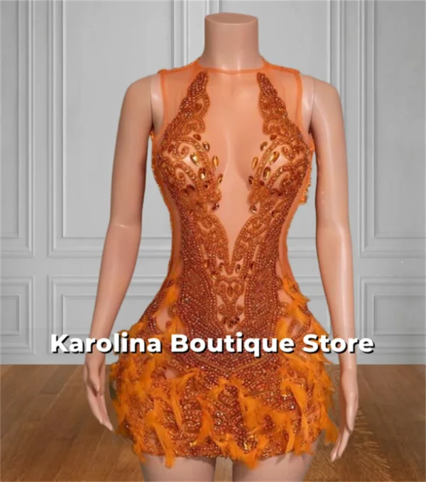 Orange Feathers Beaded Rhinestones Homecoming Prom Cocktail Dress - Image 2