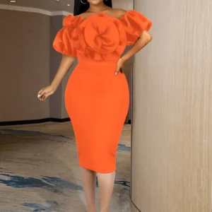 Sexy Off Shoulder Rose Orange Bodycon Midi Summer Party Dress