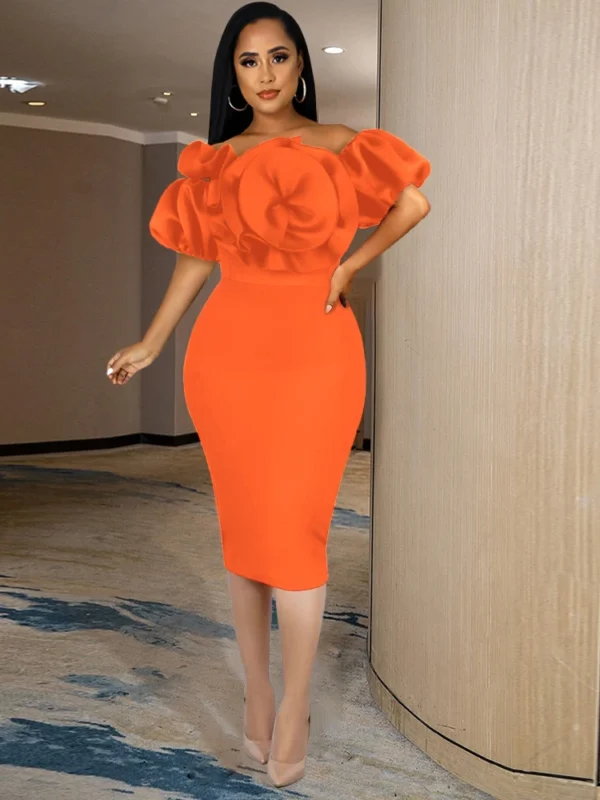 Sexy Off Shoulder Rose Orange Bodycon Midi Summer Party Dress