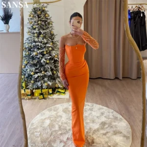 Orange Prom Dress Off Shoulder Satin A-Line Beaded Sleeve Floor-Length Evening Gown