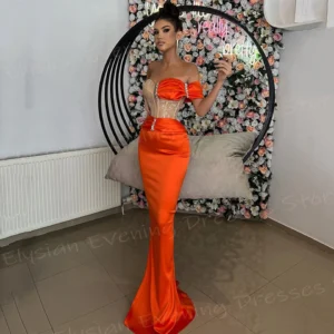 Orange Prom Dress One Shoulder Beaded Mermaid Evening Gown Formal Party Dress