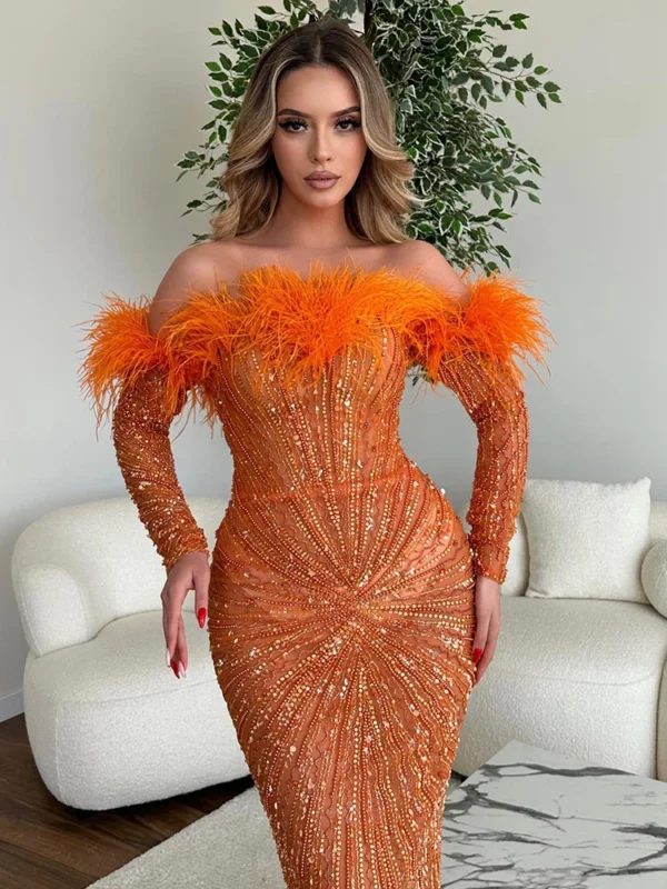 Orange Off Shoulder Feather Sequin Mesh Bodycon Evening Party Dress - Image 3