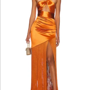 Orange One Shoulder Satin Prom Dress With Tassel Cutout Design