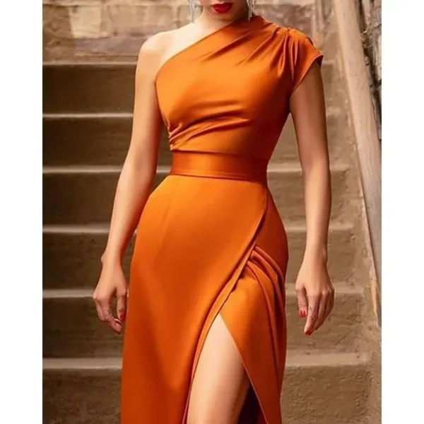 Elegant Orange Sleeveless Dress with High Waist and Slanted Shoulder - Image 6