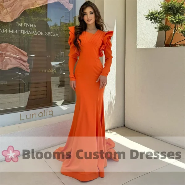 Orange Prom Dresses: Elegant Mermaid Pleated Long Sleeve Evening Gown