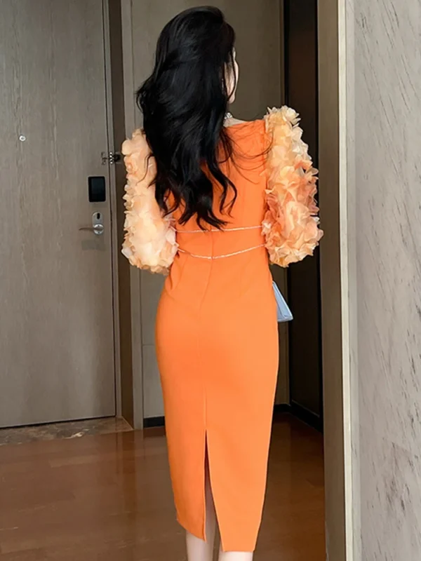 Elegant Orange Long Sleeve Dress For Women Prom Office Party - Image 2