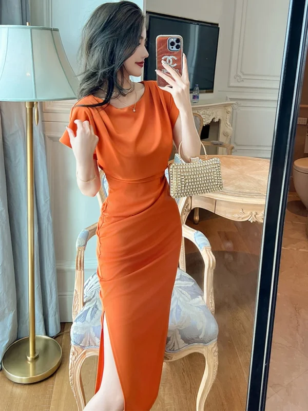 Vintage French Style Orange Black Summer Maxi Dress For Women - Image 3