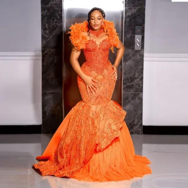 Orange Prom Dresses Mermaid Lace Feather Plus Size Evening Gown - Image 2