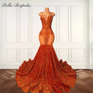 Orange Sequin Bead Crystal Mermaid Prom Dress Customized Luxury Gown