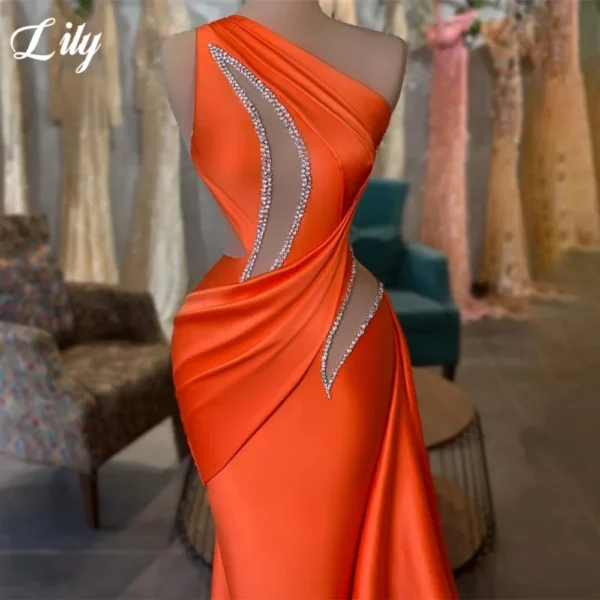 Orange Prom Dresses: Sexy One-Shoulder Satin Gown with Rhinestones