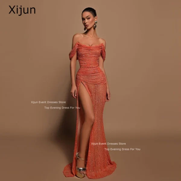 Orange prom dresses with glitter, high slit, off-shoulder style